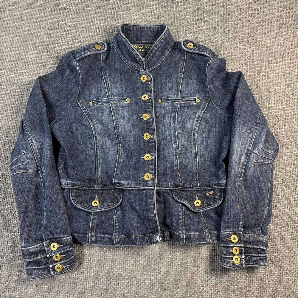 Point Zero Nicole Benisti Denim Military Jacket Womens Large Blue Gold Button